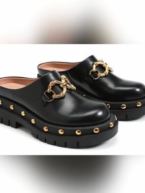 Sam Edelman Black Leather Platform Mules with Gold Ring Detail